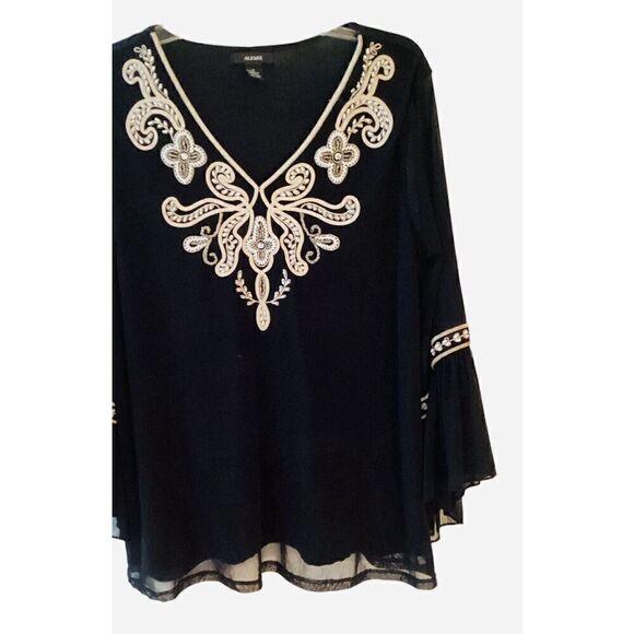 Alfani Embellished Bell Sleeve Black Blouse Embroidered Sequined Top Size M - Picture 8 of 9